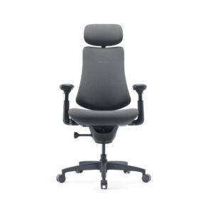 Ergonomic office chair with headrest, dark gray fabric, adjustable arms and five-wheel base