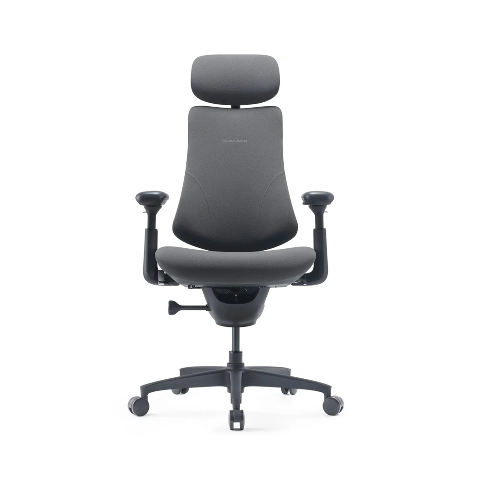 Ergonomic office chair with headrest, dark gray fabric, adjustable arms and five-wheel base
