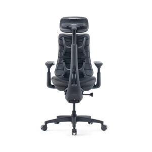 Ergonomic black office chair with high back, headrest, adjustable armrests, and five-point wheeled base.