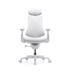 White ergonomic office chair with headrest, adjustable arms, and five-wheel base on a white background