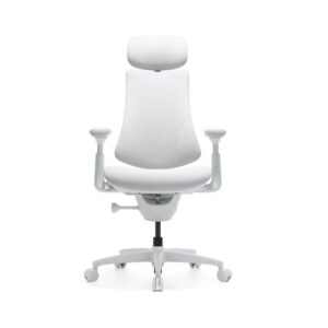 White ergonomic office chair with headrest, adjustable arms, and five-wheel base on a white background