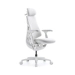 White ergonomic office chair with headrest, adjustable armrests, and five-wheel base.