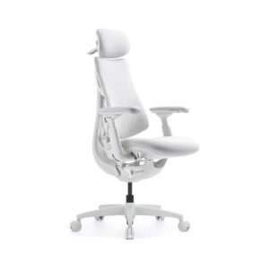 White ergonomic office chair with headrest, adjustable armrests, and five-wheel base.