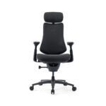 Black ergonomic office chair with headrest, padded seat, and adjustable armrests on a wheeled five-star base.