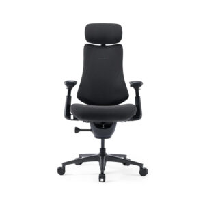 Black ergonomic office chair with headrest, padded seat, and adjustable armrests on a wheeled five-star base.
