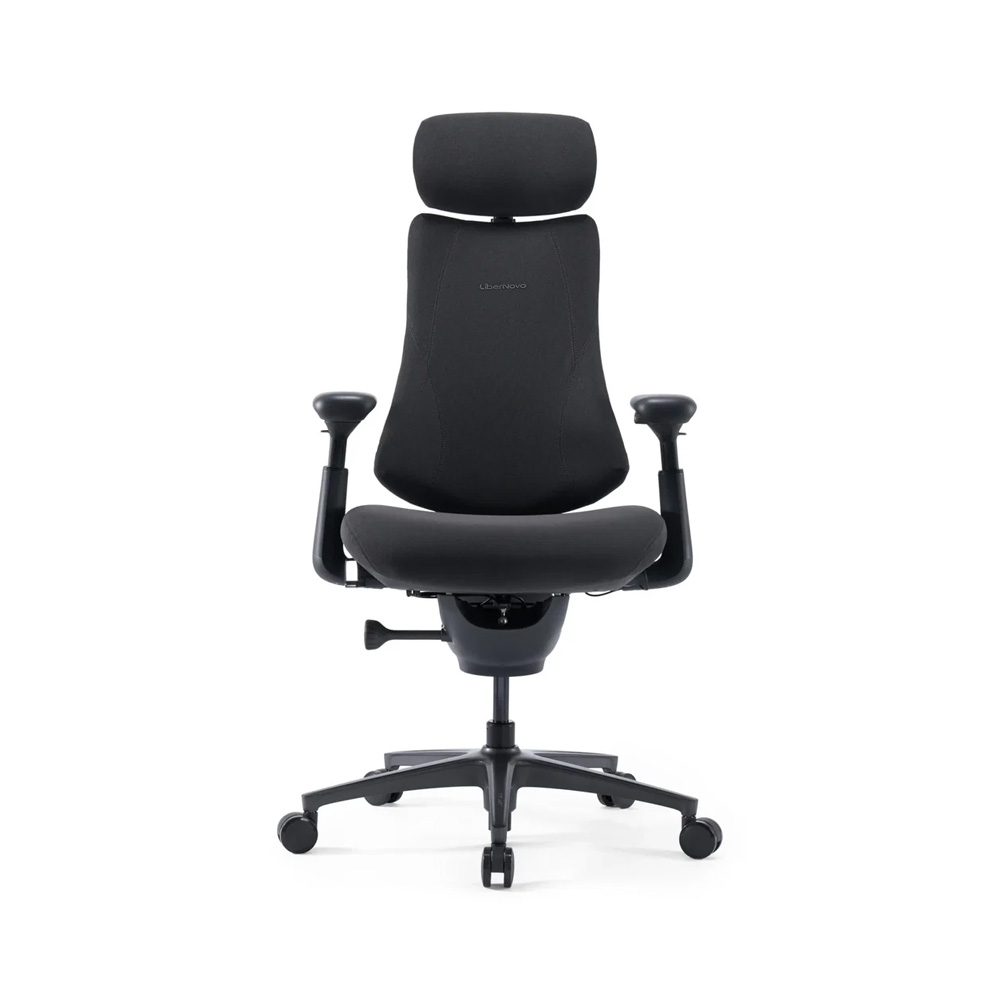 Black ergonomic office chair with headrest, padded seat, and adjustable armrests on a wheeled five-star base.