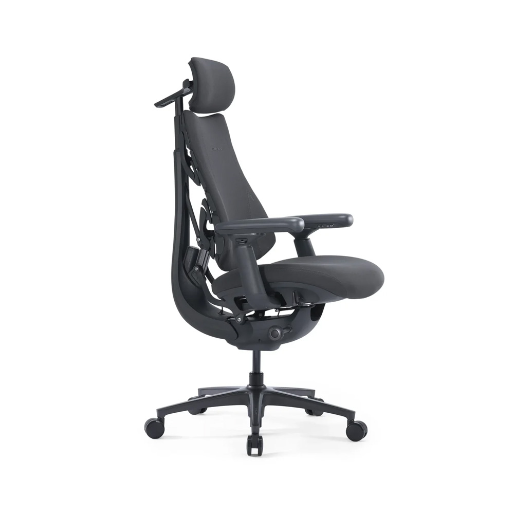 Ergonomic office chair with headrest, adjustable arms, and five-wheel base on a white background.