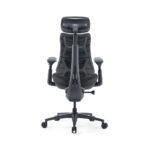 Black ergonomic office chair with tall back, headrest, adjustable arms, and five-star wheeled base for seating comfort and support.