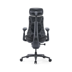 Black ergonomic office chair with tall back, headrest, adjustable arms, and five-star wheeled base for seating comfort and support.