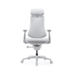 White ergonomic office chair with headrest, adjustable arms, and wheeled base on a five-star support.