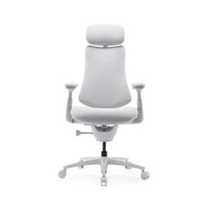 White ergonomic office chair with headrest, adjustable arms, and wheeled base on a five-star support.