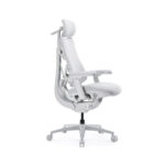 White ergonomic office chair with headrest, adjustable arms, and wheeled base, shown from the side.