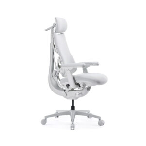 White ergonomic office chair with headrest, adjustable arms, and wheeled base, shown from the side.