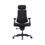 Ergonomic black office chair with headrest and five-star wheeled base, viewed from front.