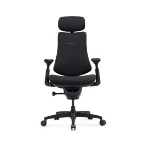 Ergonomic black office chair with headrest and five-star wheeled base, viewed from front.