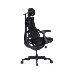 Black ergonomic office chair with a high back, headrest, and adjustable armrests on a wheeled four-star base (side view).