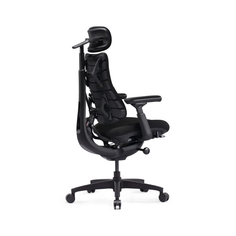 Black ergonomic office chair with a high back, headrest, and adjustable armrests on a wheeled four-star base (side view).