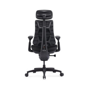 High-back ergonomic office chair with headrest, adjustable armrests, and five-wheel base.