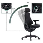 Office chair with 160° recline and 90° back tilt, highlights of the tilt mechanism and height-adjustable seat insets.