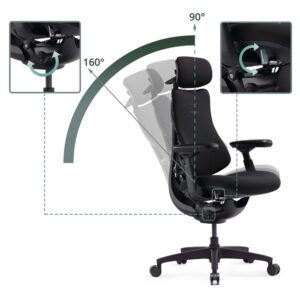 Office chair with 160° recline and 90° back tilt, highlights of the tilt mechanism and height-adjustable seat insets.