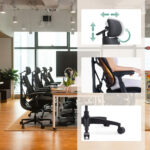 Open-plan office with a row of black ergonomic chairs; overlays illustrate adjustable chair features (height, recline, armrests, swivel) and a five-wheel base.