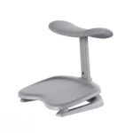 Gray ergonomic desk chair with a curved saddle seat, vertical support, and rounded base for stability.