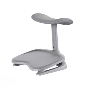 Gray ergonomic desk chair with a curved saddle seat, vertical support, and rounded base for stability.