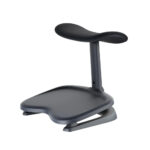 Ergonomic saddle stool with a curved black seat and small backrest on a gray pedestal and base.