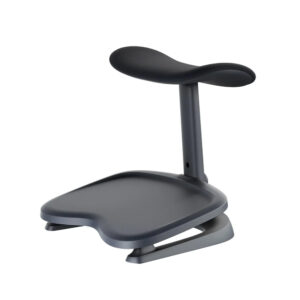 Ergonomic saddle stool with a curved black seat and small backrest on a gray pedestal and base.