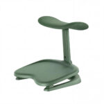 Green compact ergonomic foot exercise device with a padded saddle and a wide, curved base platform
