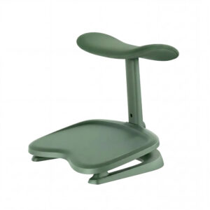 Green compact ergonomic foot exercise device with a padded saddle and a wide, curved base platform