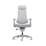 White ergonomic office chair with headrest and adjustable armrests on a wheeled base
