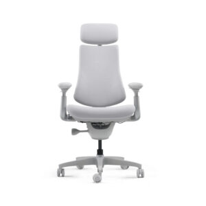 White ergonomic office chair with headrest and adjustable armrests on a wheeled base