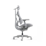 Gray ergonomic office chair with a headrest, adjustable lumbar support, and wheeled five-star base.