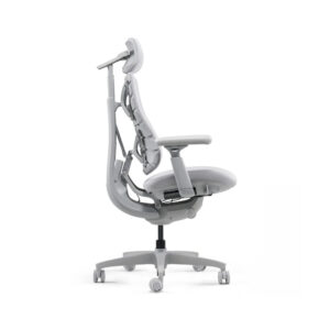 Gray ergonomic office chair with a headrest, adjustable lumbar support, and wheeled five-star base.