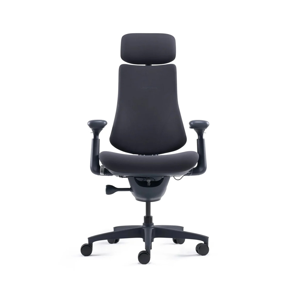 Ergonomic office chair with headrest, dark fabric, padded armrests and five-wheel base for desk use.