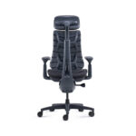 Dark gray ergonomic office chair with a headrest, segmented back support, adjustable arms, and a five-wheel base