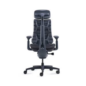 Dark gray ergonomic office chair with a headrest, segmented back support, adjustable arms, and a five-wheel base