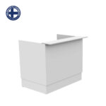 White modern reception desk with a raised counter and a small angular wing, placed on a white background; logo in top-left corner.