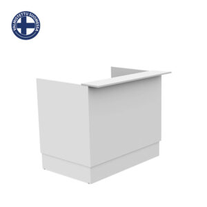 White modern reception desk with a raised counter and a small angular wing, placed on a white background; logo in top-left corner.