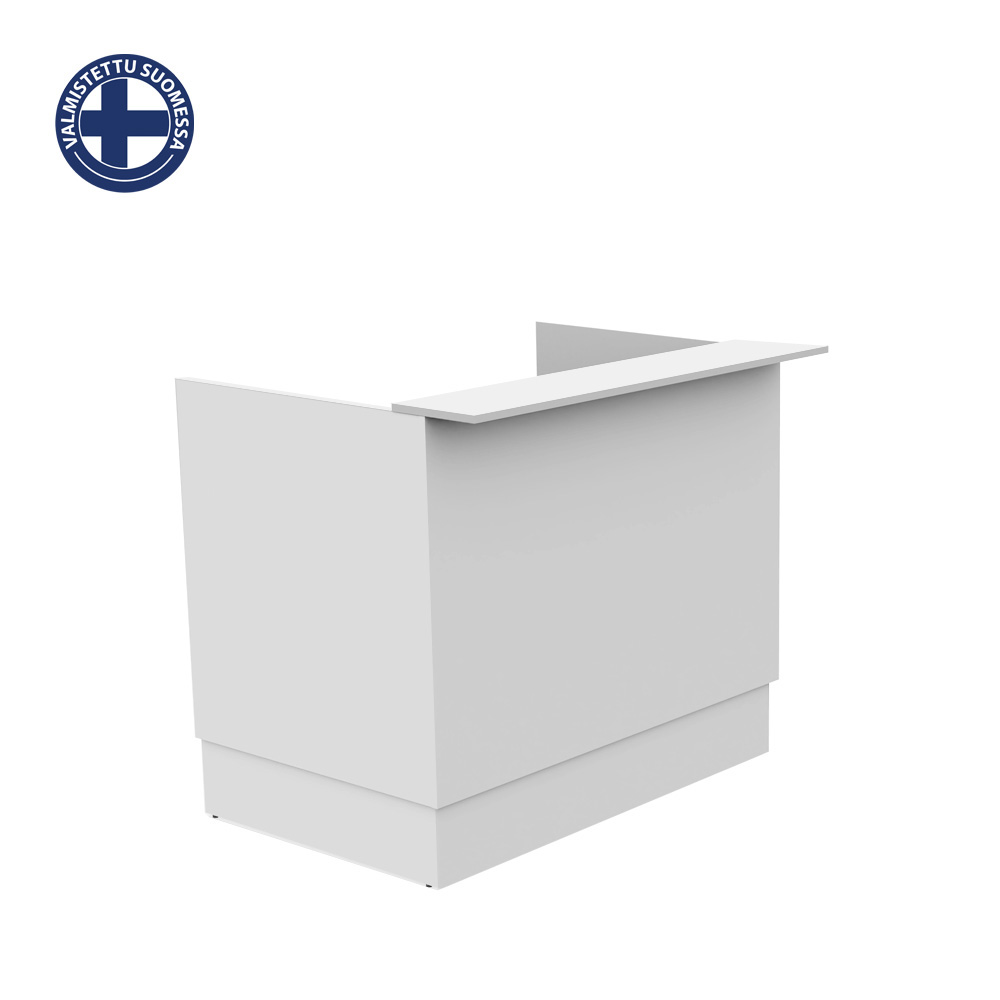 White modern reception desk with a raised counter and a small angular wing, placed on a white background; logo in top-left corner.