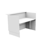 White desk with three-sided privacy panels forming a small workstation and a rear support surface.