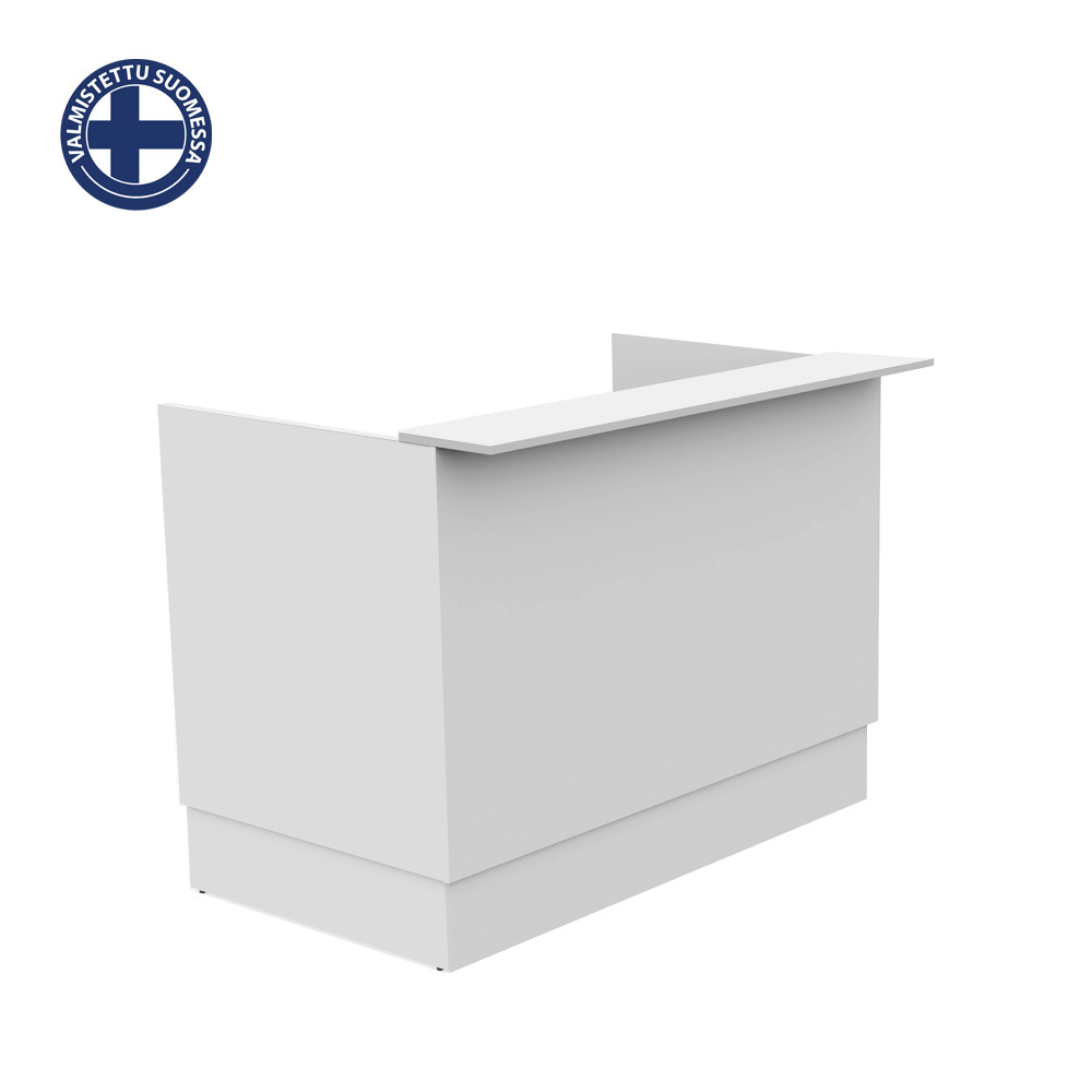 White modern reception desk with a raised counter and side panels on a plain background; Finnish logo in top-left corner.