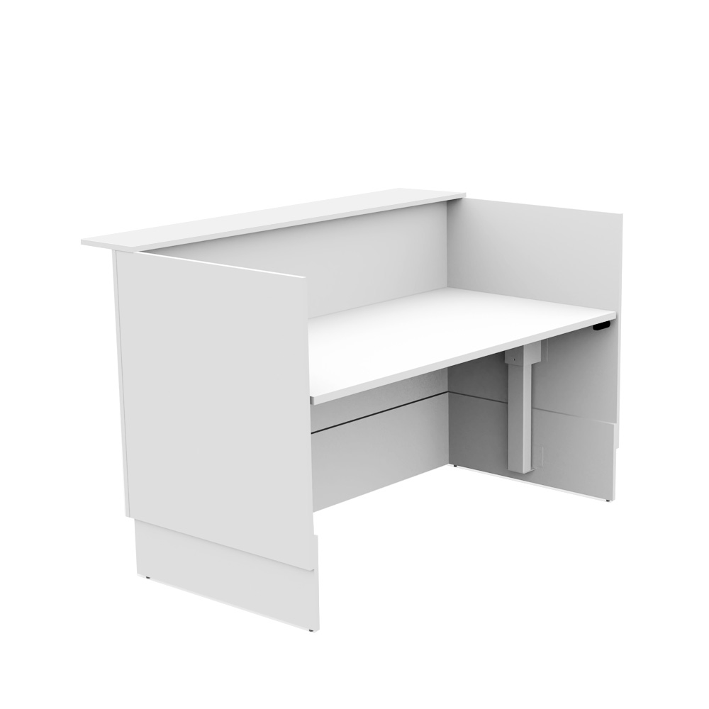 White modular desk with side privacy panels and a raised back panel, viewed from front-left.