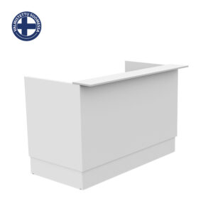 White angled reception desk with a raised front lip, shown from a low perspective; circular Finnish logo in the top-left corner.