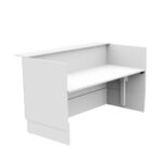 White office desk with side privacy panels and a raised counter, forming a small cubicle surface.