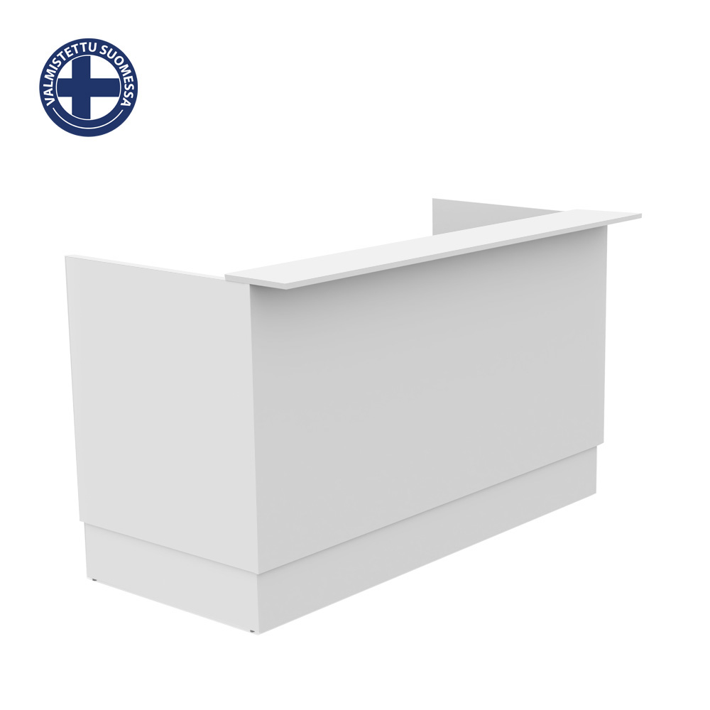 White reception desk with a raised counter, viewed from the side; Finnish logo in the top-left corner reads 'Valmistettu Suomessa'